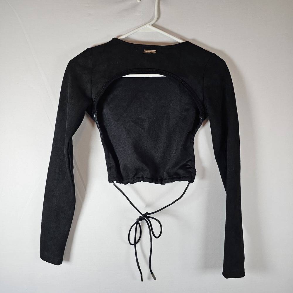 Maniere De Voir Top Women 6 Black Stretch Faux Suede Cropped Backless Tie Sexy - Picture 5 of 8